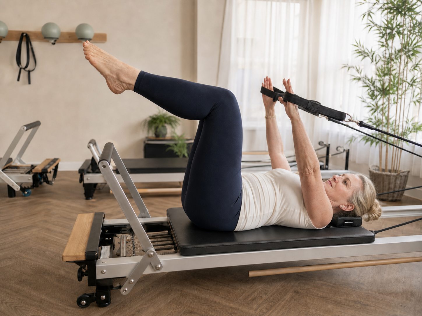 A client working on the reformer during a Pilates session at Hanbury Health, Milton Keynes.