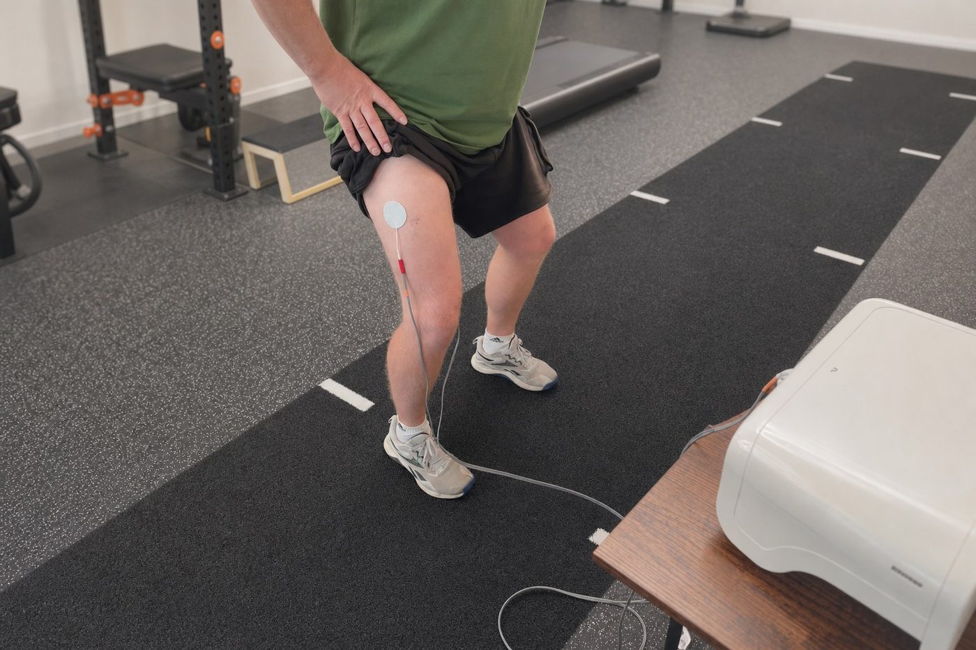 Neubie neurostimulation applied to a client's thigh during physiotherapy rehabilitation at Hanbury Health, Milton Keynes.
